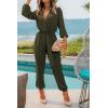 imagePRETTYGARDEN Womens Spring Fall Jumpsuits Casual Dressy One Piece Outfits V Neck Long Sleeve Belt Pockets Long Pants RomperArmy Green
