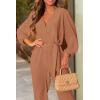 imagePRETTYGARDEN Womens Spring Fall Jumpsuits Casual Dressy One Piece Outfits V Neck Long Sleeve Belt Pockets Long Pants RomperCamel