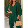 imagePRETTYGARDEN Womens Spring Fall Jumpsuits Casual Dressy One Piece Outfits V Neck Long Sleeve Belt Pockets Long Pants RomperDark Green