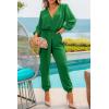 imagePRETTYGARDEN Womens Spring Fall Jumpsuits Casual Dressy One Piece Outfits V Neck Long Sleeve Belt Pockets Long Pants RomperGreen