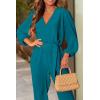 imagePRETTYGARDEN Womens Spring Fall Jumpsuits Casual Dressy One Piece Outfits V Neck Long Sleeve Belt Pockets Long Pants RomperLake Blue