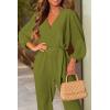 imagePRETTYGARDEN Womens Spring Fall Jumpsuits Casual Dressy One Piece Outfits V Neck Long Sleeve Belt Pockets Long Pants RomperOlive Green