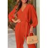 imagePRETTYGARDEN Womens Spring Fall Jumpsuits Casual Dressy One Piece Outfits V Neck Long Sleeve Belt Pockets Long Pants RomperOrange