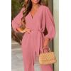 imagePRETTYGARDEN Womens Spring Fall Jumpsuits Casual Dressy One Piece Outfits V Neck Long Sleeve Belt Pockets Long Pants RomperPink