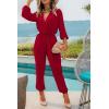 imagePRETTYGARDEN Womens Spring Fall Jumpsuits Casual Dressy One Piece Outfits V Neck Long Sleeve Belt Pockets Long Pants RomperRed