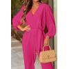 imagePRETTYGARDEN Womens Spring Fall Jumpsuits Casual Dressy One Piece Outfits V Neck Long Sleeve Belt Pockets Long Pants RomperRose Red