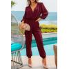 imagePRETTYGARDEN Womens Spring Fall Jumpsuits Casual Dressy One Piece Outfits V Neck Long Sleeve Belt Pockets Long Pants RomperWine Red