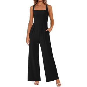 imagePRETTYGARDEN Summer Sleeveless Jumpsuits for Women Dressy Square Neck Wide Leg Pants Knitted One Piece Rompers with PocketsBlack