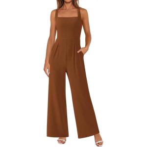 imagePRETTYGARDEN Summer Sleeveless Jumpsuits for Women Dressy Square Neck Wide Leg Pants Knitted One Piece Rompers with PocketsBrown
