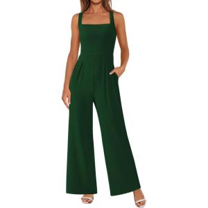 imagePRETTYGARDEN Summer Sleeveless Jumpsuits for Women Dressy Square Neck Wide Leg Pants Knitted One Piece Rompers with PocketsGreen