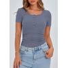 imagePRETTYGARDEN Womens 2025 Spring Summer Short Sleeve Tops Ribbed Henley Button Slim Fit Basic Casual T Shirts Blouse ClothingBlue Grey