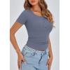 imagePRETTYGARDEN Womens 2025 Spring Summer Short Sleeve Tops Ribbed Henley Button Slim Fit Basic Casual T Shirts Blouse ClothingBlue Grey
