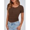 imagePRETTYGARDEN Womens 2025 Spring Summer Short Sleeve Tops Ribbed Henley Button Slim Fit Basic Casual T Shirts Blouse ClothingCoffee