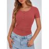imagePRETTYGARDEN Womens 2025 Spring Summer Short Sleeve Tops Ribbed Henley Button Slim Fit Basic Casual T Shirts Blouse ClothingCoral Red