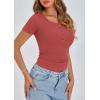 imagePRETTYGARDEN Womens 2025 Spring Summer Short Sleeve Tops Ribbed Henley Button Slim Fit Basic Casual T Shirts Blouse ClothingCoral Red