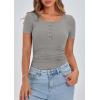 imagePRETTYGARDEN Womens 2025 Spring Summer Short Sleeve Tops Ribbed Henley Button Slim Fit Basic Casual T Shirts Blouse ClothingGrey