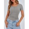 imagePRETTYGARDEN Womens 2025 Spring Summer Short Sleeve Tops Ribbed Henley Button Slim Fit Basic Casual T Shirts Blouse ClothingGrey