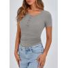 imagePRETTYGARDEN Womens 2025 Spring Summer Short Sleeve Tops Ribbed Henley Button Slim Fit Basic Casual T Shirts Blouse ClothingGrey