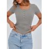 imagePRETTYGARDEN Womens 2025 Spring Summer Short Sleeve Tops Ribbed Henley Button Slim Fit Basic Casual T Shirts Blouse ClothingGrey