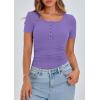 imagePRETTYGARDEN Womens 2025 Spring Summer Short Sleeve Tops Ribbed Henley Button Slim Fit Basic Casual T Shirts Blouse ClothingGrey Purple