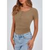 imagePRETTYGARDEN Womens 2025 Spring Summer Short Sleeve Tops Ribbed Henley Button Slim Fit Basic Casual T Shirts Blouse ClothingLight Khaki