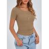 imagePRETTYGARDEN Womens 2025 Spring Summer Short Sleeve Tops Ribbed Henley Button Slim Fit Basic Casual T Shirts Blouse ClothingLight Khaki