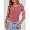 imagePRETTYGARDEN Womens 2025 Spring Summer Short Sleeve Tops Ribbed Henley Button Slim Fit Basic Casual T Shirts Blouse ClothingRose Pink