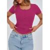 imagePRETTYGARDEN Womens 2025 Spring Summer Short Sleeve Tops Ribbed Henley Button Slim Fit Basic Casual T Shirts Blouse ClothingRose Red