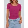 imagePRETTYGARDEN Womens 2025 Spring Summer Short Sleeve Tops Ribbed Henley Button Slim Fit Basic Casual T Shirts Blouse ClothingRose Red