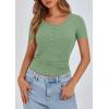 imagePRETTYGARDEN Womens 2025 Spring Summer Short Sleeve Tops Ribbed Henley Button Slim Fit Basic Casual T Shirts Blouse ClothingSage Green