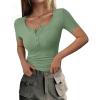 imagePRETTYGARDEN Womens 2025 Spring Summer Short Sleeve Tops Ribbed Henley Button Slim Fit Basic Casual T Shirts Blouse ClothingSage Green