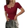 imagePRETTYGARDEN Womens 2025 Spring Summer Short Sleeve Tops Ribbed Henley Button Slim Fit Basic Casual T Shirts Blouse ClothingWine Red