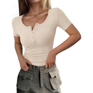 imagePRETTYGARDEN Womens 2025 Spring Summer Short Sleeve Tops Ribbed Henley Button Slim Fit Basic Casual T Shirts Blouse ClothingBeige