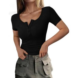 imagePRETTYGARDEN Womens 2025 Spring Summer Short Sleeve Tops Ribbed Henley Button Slim Fit Basic Casual T Shirts Blouse ClothingBlack
