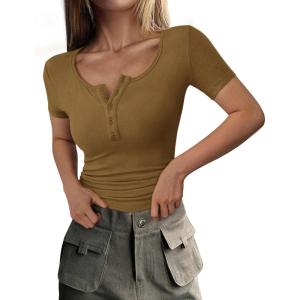 imagePRETTYGARDEN Womens 2025 Spring Summer Short Sleeve Tops Ribbed Henley Button Slim Fit Basic Casual T Shirts Blouse ClothingBrown Camel
