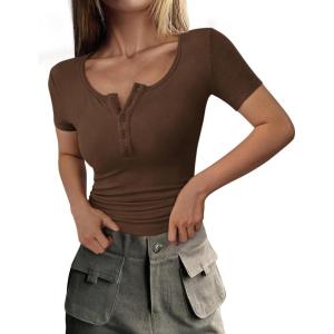 imagePRETTYGARDEN Womens 2025 Spring Summer Short Sleeve Tops Ribbed Henley Button Slim Fit Basic Casual T Shirts Blouse ClothingCoffee