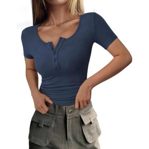imagePRETTYGARDEN Womens 2025 Spring Summer Short Sleeve Tops Ribbed Henley Button Slim Fit Basic Casual T Shirts Blouse ClothingDark Blue
