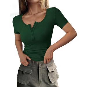 imagePRETTYGARDEN Womens 2025 Spring Summer Short Sleeve Tops Ribbed Henley Button Slim Fit Basic Casual T Shirts Blouse ClothingDark Green