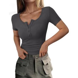 imagePRETTYGARDEN Womens 2025 Spring Summer Short Sleeve Tops Ribbed Henley Button Slim Fit Basic Casual T Shirts Blouse ClothingDark Grey