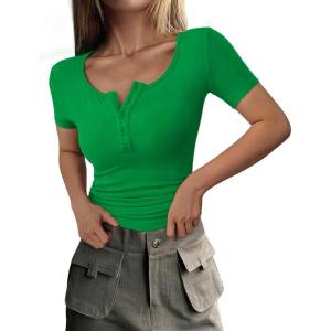 imagePRETTYGARDEN Womens 2025 Spring Summer Short Sleeve Tops Ribbed Henley Button Slim Fit Basic Casual T Shirts Blouse ClothingGreen