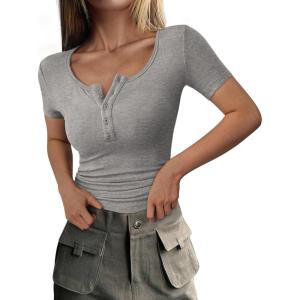 imagePRETTYGARDEN Womens 2025 Spring Summer Short Sleeve Tops Ribbed Henley Button Slim Fit Basic Casual T Shirts Blouse ClothingGrey