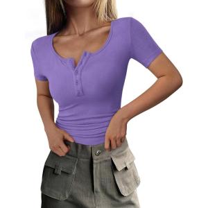 imagePRETTYGARDEN Womens 2025 Spring Summer Short Sleeve Tops Ribbed Henley Button Slim Fit Basic Casual T Shirts Blouse ClothingGrey Purple