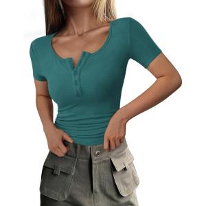 imagePRETTYGARDEN Womens 2025 Spring Summer Short Sleeve Tops Ribbed Henley Button Slim Fit Basic Casual T Shirts Blouse ClothingLake Blue