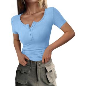 imagePRETTYGARDEN Womens 2025 Spring Summer Short Sleeve Tops Ribbed Henley Button Slim Fit Basic Casual T Shirts Blouse ClothingLight Blue