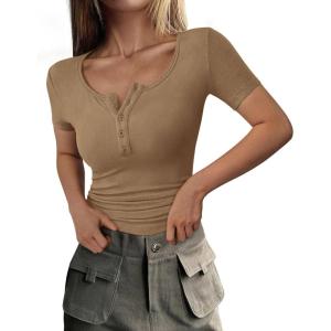 imagePRETTYGARDEN Womens 2025 Spring Summer Short Sleeve Tops Ribbed Henley Button Slim Fit Basic Casual T Shirts Blouse ClothingLight Khaki