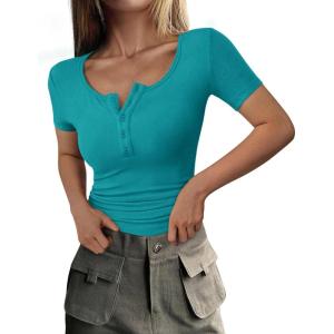 imagePRETTYGARDEN Womens 2025 Spring Summer Short Sleeve Tops Ribbed Henley Button Slim Fit Basic Casual T Shirts Blouse ClothingMalachite Green