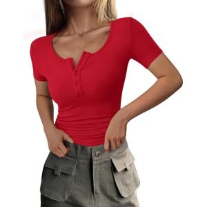 imagePRETTYGARDEN Womens 2025 Spring Summer Short Sleeve Tops Ribbed Henley Button Slim Fit Basic Casual T Shirts Blouse ClothingRed