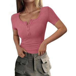 imagePRETTYGARDEN Womens 2025 Spring Summer Short Sleeve Tops Ribbed Henley Button Slim Fit Basic Casual T Shirts Blouse ClothingRose Pink