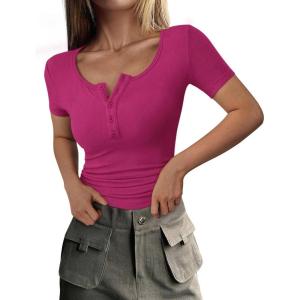 imagePRETTYGARDEN Womens 2025 Spring Summer Short Sleeve Tops Ribbed Henley Button Slim Fit Basic Casual T Shirts Blouse ClothingRose Red