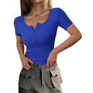 imagePRETTYGARDEN Womens 2025 Spring Summer Short Sleeve Tops Ribbed Henley Button Slim Fit Basic Casual T Shirts Blouse ClothingRoyal Blue
